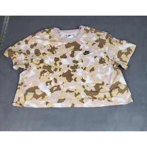 Nike Camo Crop Top Shirt Womens‎ Large Pink Lightweight Stretch Crew Neck Sport